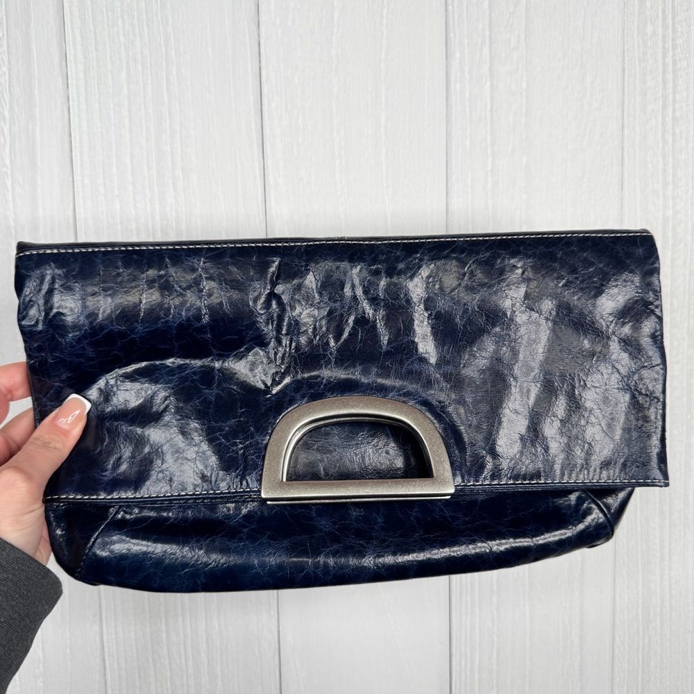 Tommy Hilfiger Navy Blue Leather Foldover Clutch Silver Hardware EUC